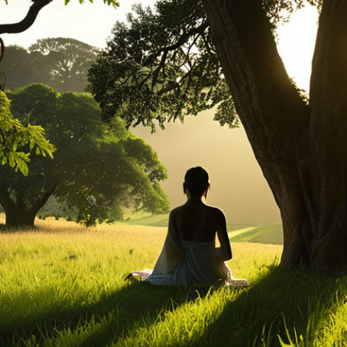 Home 15 **Prompt 1:** A serene and dreamlike landscape at golden hour, illustrating a profound personal and spiritual connection with nature. A lone figure, perhaps a silhouette or viewed from behind, sits in contemplation amidst lush green fields and ancient trees, with the soft glow of the setting sun casting long shadows. A sense of tranquil peace, inner harmony, and healing pervades the scene, evoking the deep comfort found in nature's embrace. High detail, ethereal lighting, natural tones.