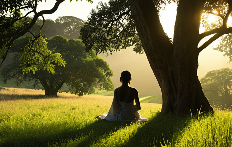 **Prompt 1:** A serene and dreamlike landscape at golden hour, illustrating a profound personal and spiritual connection with nature. A lone figure, perhaps a silhouette or viewed from behind, sits in contemplation amidst lush green fields and ancient trees, with the soft glow of the setting sun casting long shadows. A sense of tranquil peace, inner harmony, and healing pervades the scene, evoking the deep comfort found in nature's embrace. High detail, ethereal lighting, natural tones.