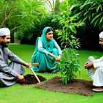 **

"A Pakistani family engaging in environmentally conscious activities, such as planting trees and recycling, in a lush green garden. Fully clothed in traditional Shalwar Kameez, appropriate attire, safe for work, perfect anatomy, natural proportions, professional photography, high quality, family-friendly."

**