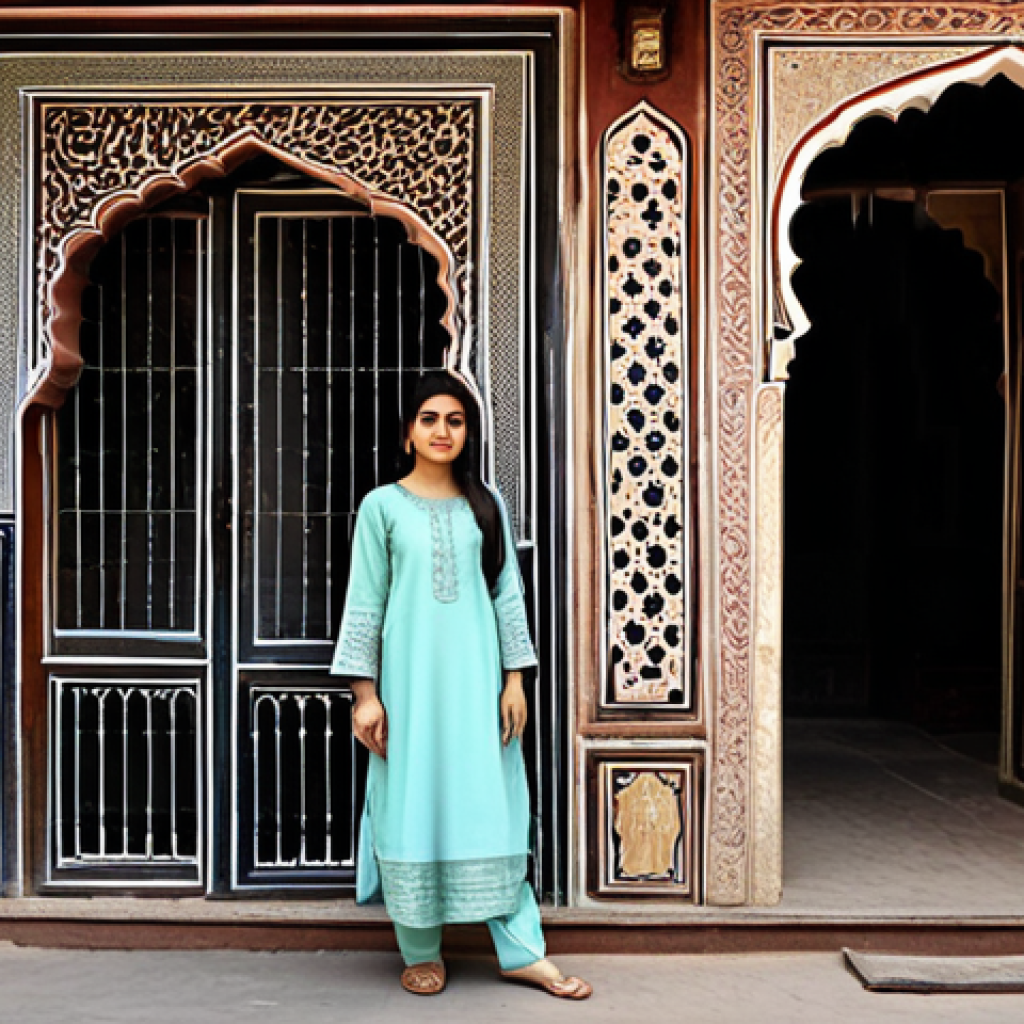**
A young Pakistani woman, fully clothed in a modest shalwar kameez with intricate embroidery, standing in front of a traditional haveli in Lahore. The scene captures the beauty of Pakistani architecture and culture. Safe for work, appropriate content, professional photography, perfect anatomy, natural pose, family-friendly.
**