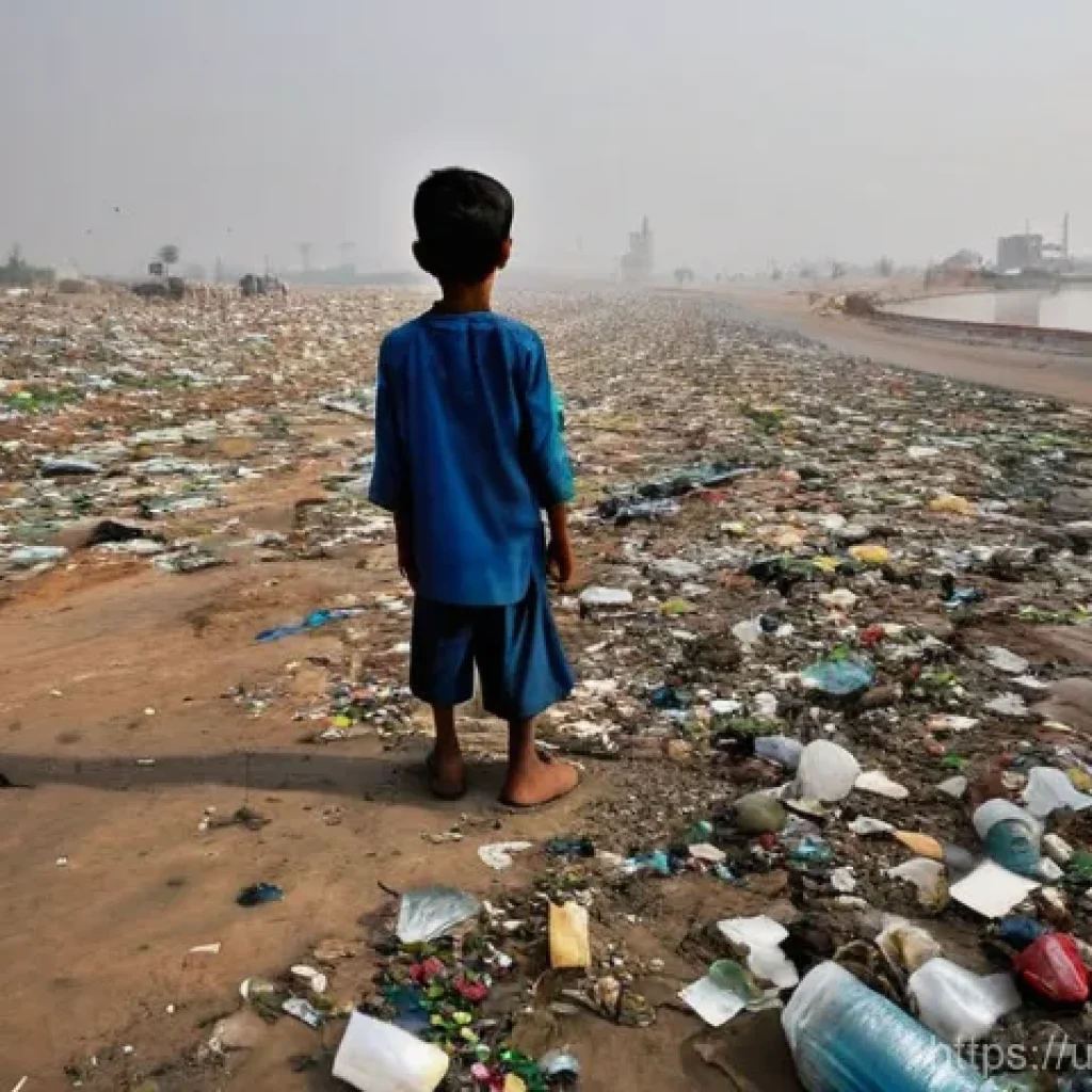 생태적 자아 형성을 위한 국제 협력 - **A powerful and poignant image depicting the severe environmental impact in Pakistan.** In the fore...