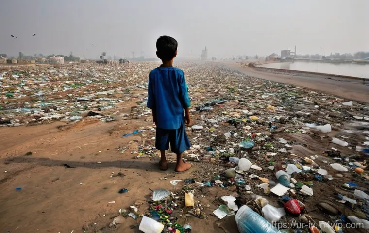 생태적 자아 형성을 위한 국제 협력 - **A powerful and poignant image depicting the severe environmental impact in Pakistan.** In the fore...
