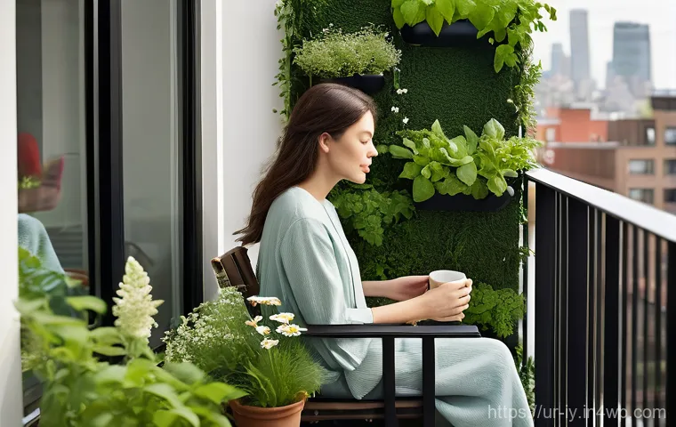 생태적 자아 형성을 위한 창의적 방법론 - **Prompt:** A serene morning scene on an urban apartment balcony. A person (gender-neutral or a woma...