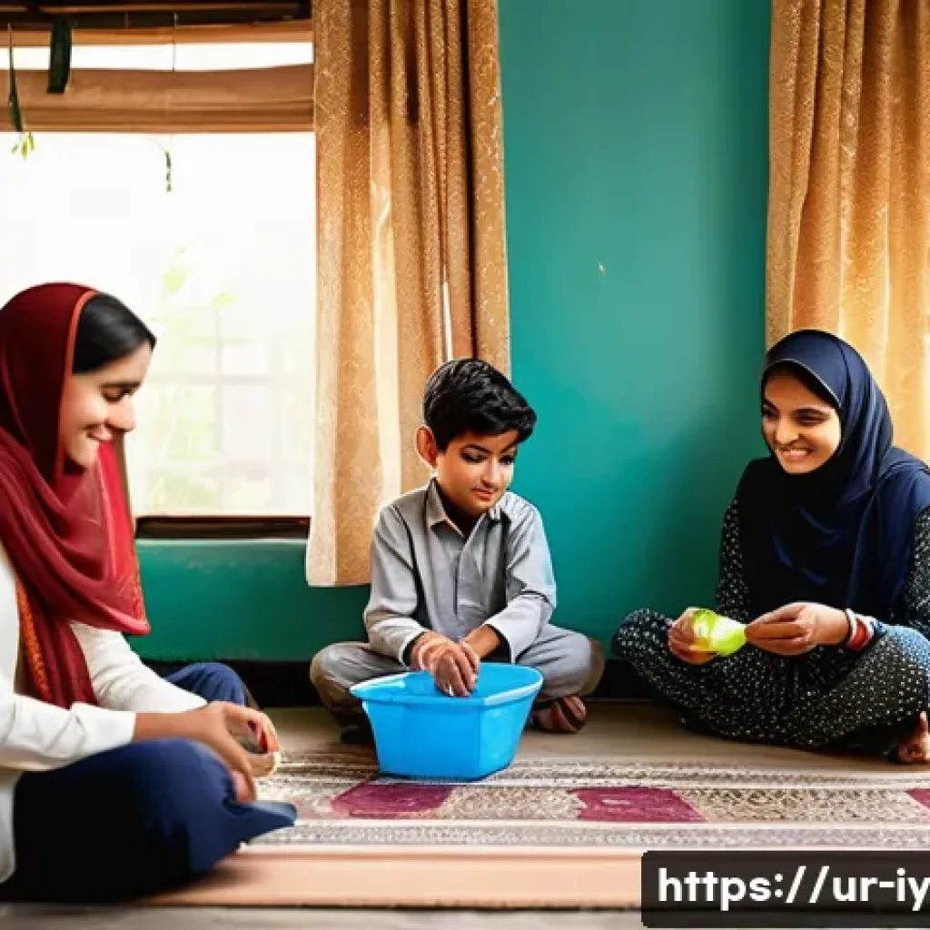 생태적 자아 형성을 위한 가족의 역할 - A warm and lively family scene inside a traditional Pakistani home, featuring parents and two childr...