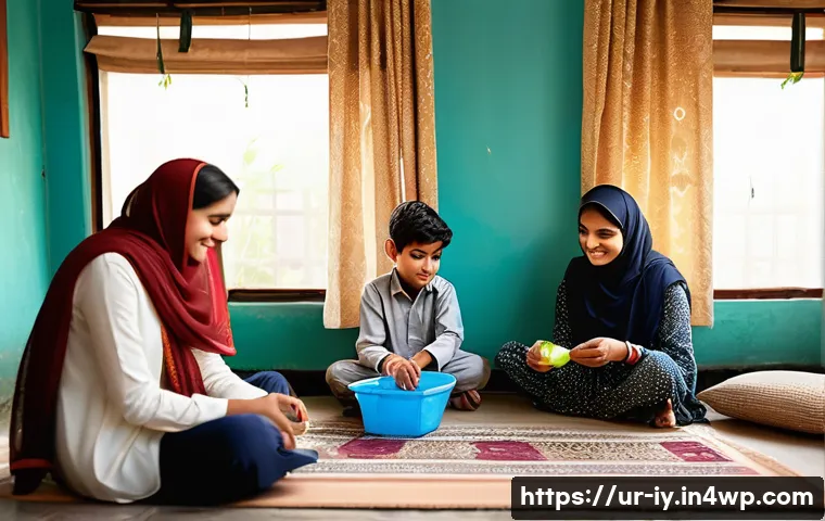 생태적 자아 형성을 위한 가족의 역할 - A warm and lively family scene inside a traditional Pakistani home, featuring parents and two childr...
