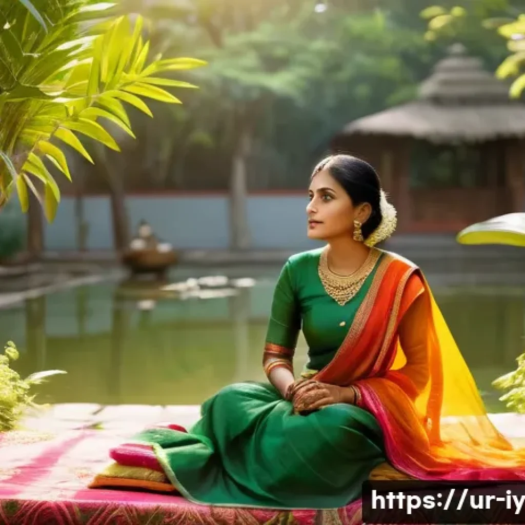 생태적 자아와 개인의 삶의 질 - A serene garden scene in a traditional South Asian setting with lush green trees gently rustling in ...