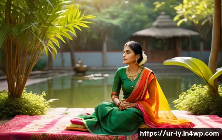 생태적 자아와 개인의 삶의 질 - A serene garden scene in a traditional South Asian setting with lush green trees gently rustling in ...