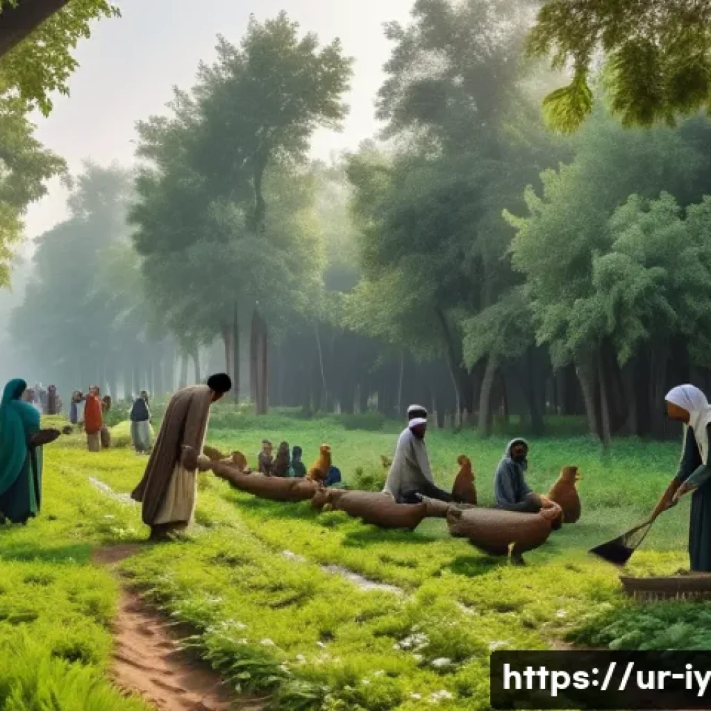 생태적 자아 형성과 공동체의 역할 - A serene forest scene in rural Pakistan during early morning, featuring a diverse group of community...