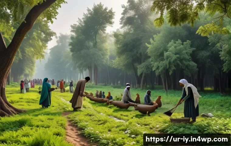 생태적 자아 형성과 공동체의 역할 - A serene forest scene in rural Pakistan during early morning, featuring a diverse group of community...