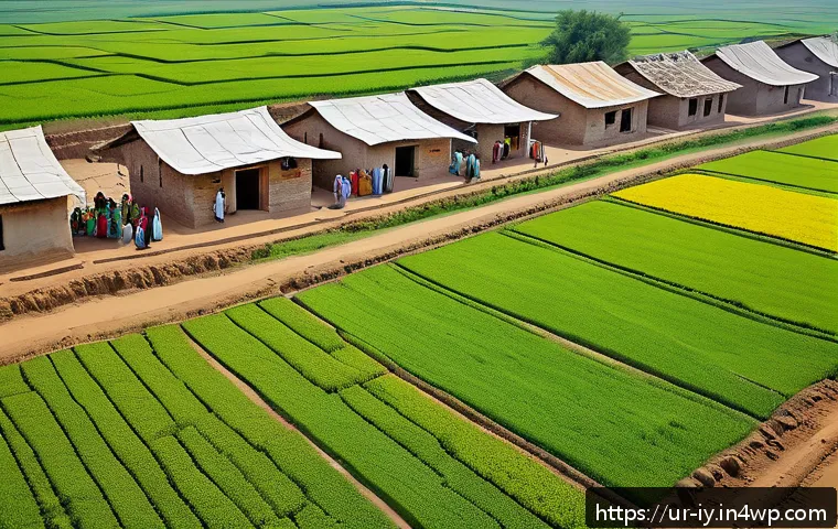 생태적 자아 형성을 위한 데이터 분석 - A detailed aerial view of a rural Pakistani village in Punjab, showcasing local community members us...