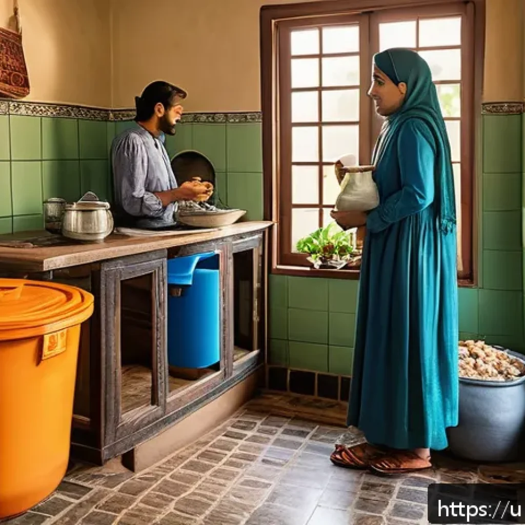 생태적 자아 형성을 위한 자기 반성 기법 - A cozy family kitchen scene in a typical Pakistani home, showing a middle-aged woman and a young man...