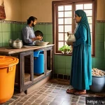 Home 21 생태적 자아 형성을 위한 자기 반성 기법 - A cozy family kitchen scene in a typical Pakistani home, showing a middle-aged woman and a young man...