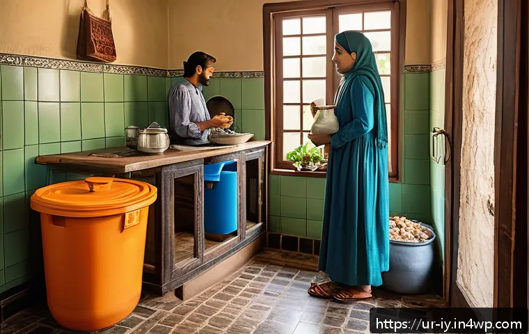 생태적 자아 형성을 위한 자기 반성 기법 - A cozy family kitchen scene in a typical Pakistani home, showing a middle-aged woman and a young man...