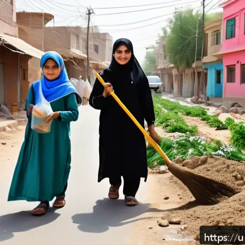 Home 32 생태적 자아 형성과 사회적 행동 - A vibrant community cleanup campaign in a Pakistani neighborhood, featuring diverse men, women, and ...