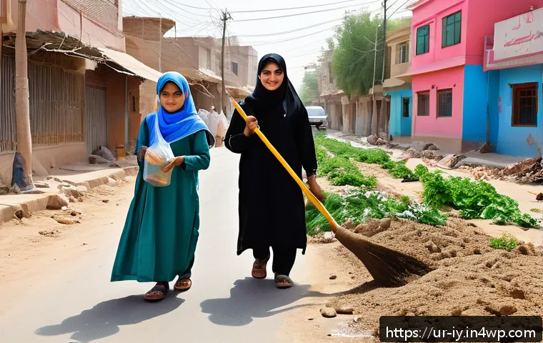 생태적 자아 형성과 사회적 행동 - A vibrant community cleanup campaign in a Pakistani neighborhood, featuring diverse men, women, and ...
