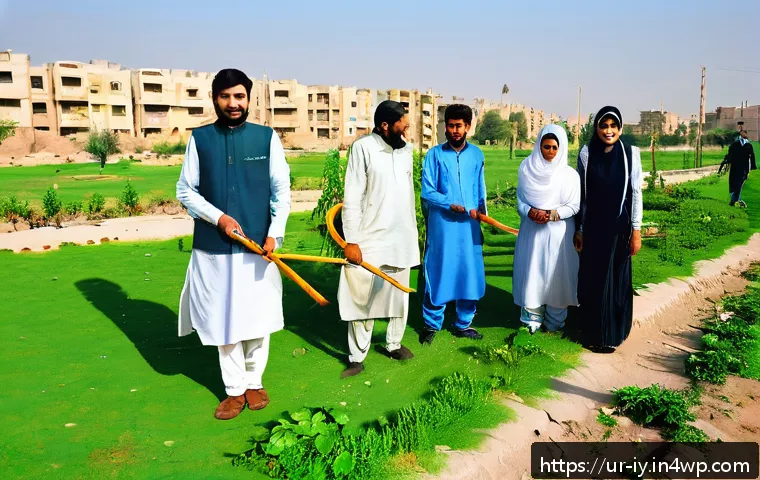 생태적 자아 형성과 사회적 변화 - A vibrant community park scene in a Pakistani neighborhood with diverse people actively participatin...