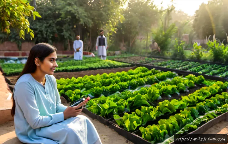 Home 17 생태적 자아 형성을 위한 인터뷰 사례 - Photorealistic environmental interview in a sunlit community garden in Lahore, Pakistan, a young Urd...