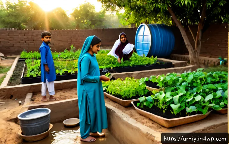 Home 17 생태적 자아 형성을 위한 지속 가능한 솔루션 - Photorealistic morning scene in a Pakistani urban community garden, a multigenerational Urdu-speakin...
