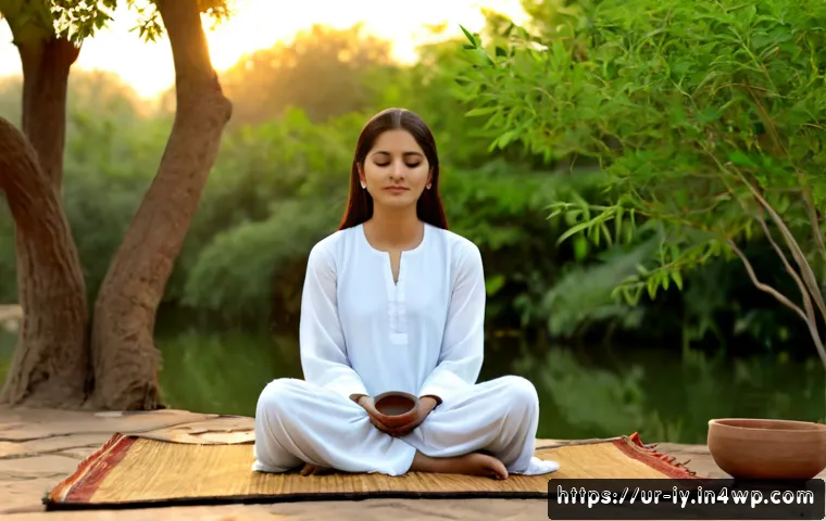 Home 17 생태적 자아 형성을 위한 명상 기법 - Photorealistic early-morning meditation scene in a peaceful Pakistani garden, a modest Urdu-speaking...