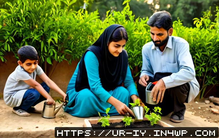 Home 17 생태적 자아와 환경적 책임감을 높이는 방법 - Photorealistic Pakistani family in modest everyday clothing planting native flower saplings together...